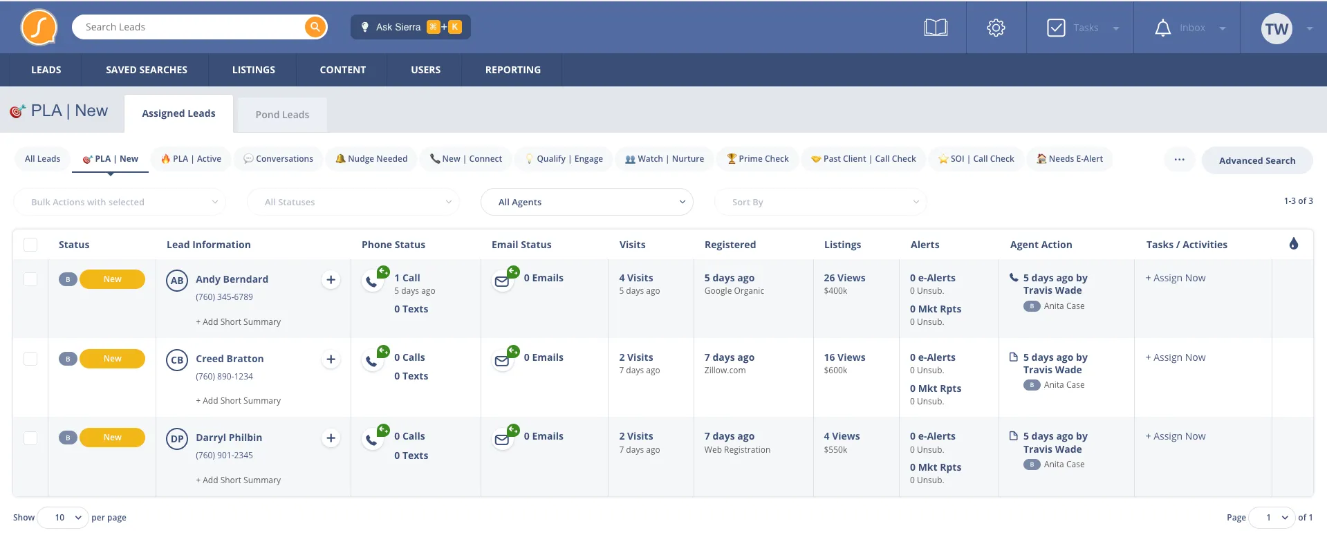 The Lead Connect system inside a Sierra Interactive account